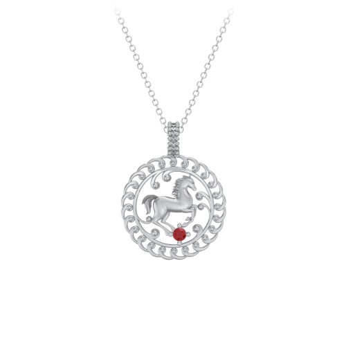 Year of the Horse Chinese Zodiac Medallion Necklace – Sterling Silver with Garnet