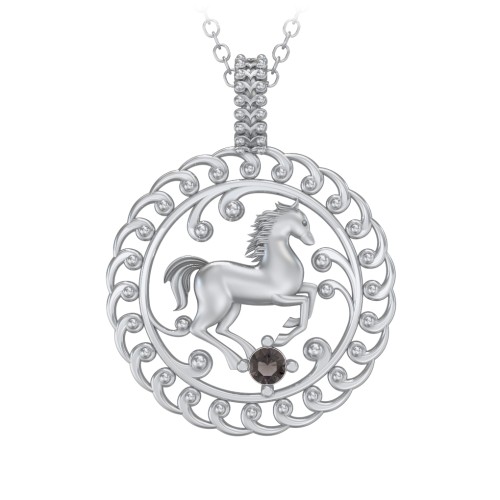 Year of the Horse Chinese Zodiac Medallion Necklace – Sterling Silver with Smokey Quartz