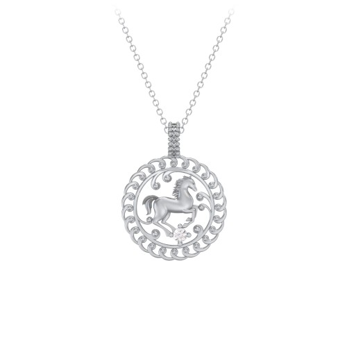 Year of the Horse Chinese Zodiac Medallion Necklace – Sterling Silver with Cubic Zirconia