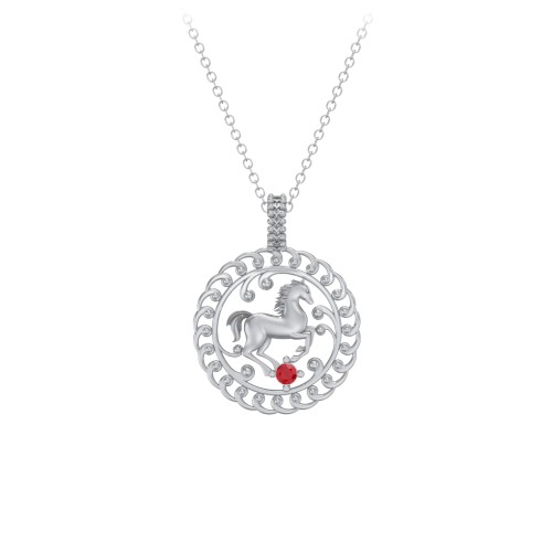 Year of the Horse Chinese Zodiac Medallion Necklace – Sterling Silver with Garnet