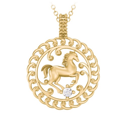Year of the Horse Chinese Zodiac Medallion Necklace – 10K Yellow Gold with Cubic Zirconia