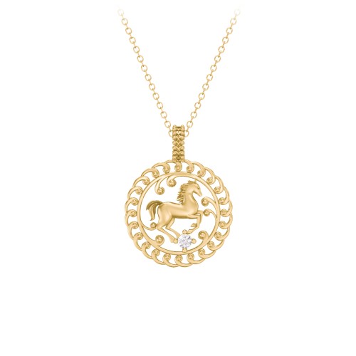 Year of the Horse Chinese Zodiac Medallion Necklace – 10K Yellow Gold with Cubic Zirconia