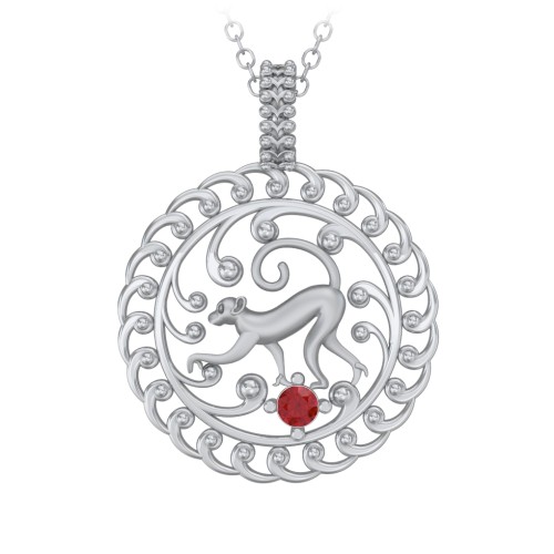 Year of the Monkey Chinese Zodiac Medallion Necklace – Sterling Silver with Garnet