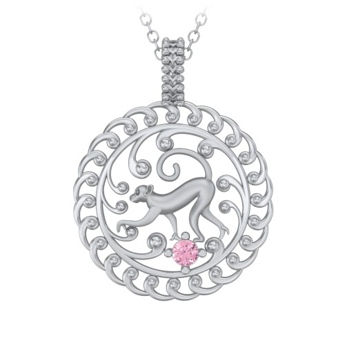 Year of the Monkey Chinese Zodiac Medallion Necklace – Sterling Silver with Pink Tourmaline