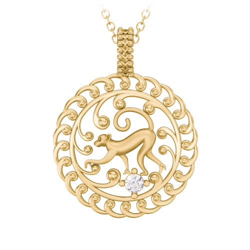 Year of the Monkey Chinese Zodiac Medallion Necklace – 10K Yellow Gold with Cubic Zirconia
