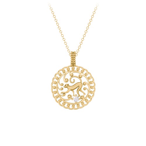 Year of the Monkey Chinese Zodiac Medallion Necklace – 10K Yellow Gold with Cubic Zirconia