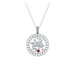 Year of the Ox Chinese Zodiac Medallion Necklace in 925 Sterling Silver with Garnet