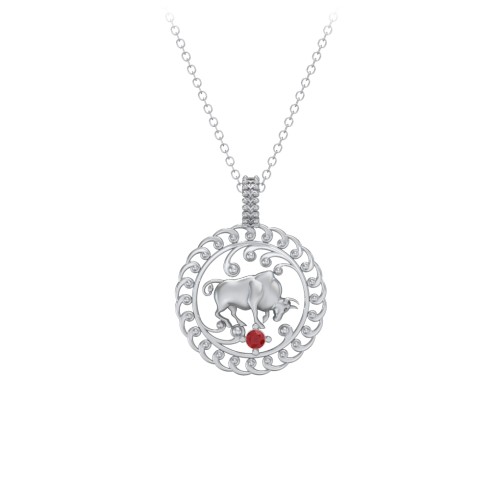 Year of the Ox Chinese Zodiac Medallion Necklace – Sterling Silver with Garnet