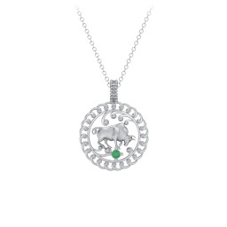Year of the Ox Chinese Zodiac Medallion Necklace in 925 Sterling Silver with Emerald