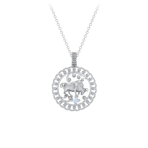 Year of the Ox Chinese Zodiac Medallion Necklace – Sterling Silver with Aquamarine