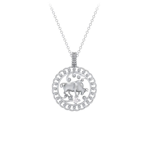 Year of the Ox Chinese Zodiac Medallion Necklace – Sterling Silver with Cubic Zirconia