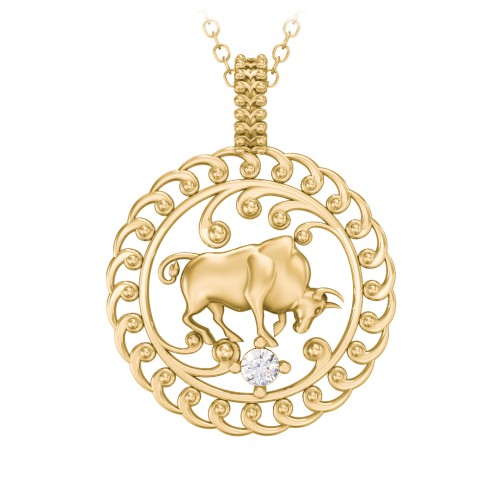 Year of the Ox Chinese Zodiac Medallion Necklace – 10K Yellow Gold with Cubic Zirconia