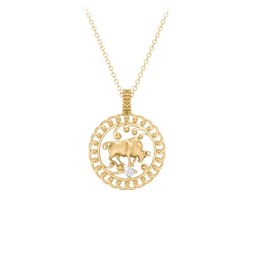 Year of the Ox Chinese Zodiac Medallion Necklace – 10K Yellow Gold with Cubic Zirconia