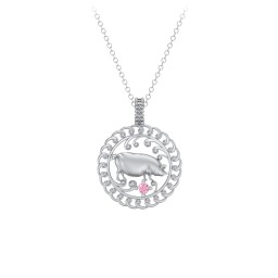 Year of the Pig Chinese Zodiac Medallion Necklace in 925 Sterling Silver with Pink Tourmaline