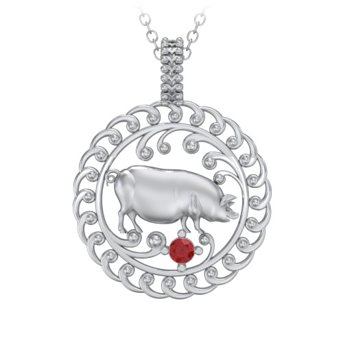 Year of the Pig Chinese Zodiac Medallion Necklace – Sterling Silver with Garnet