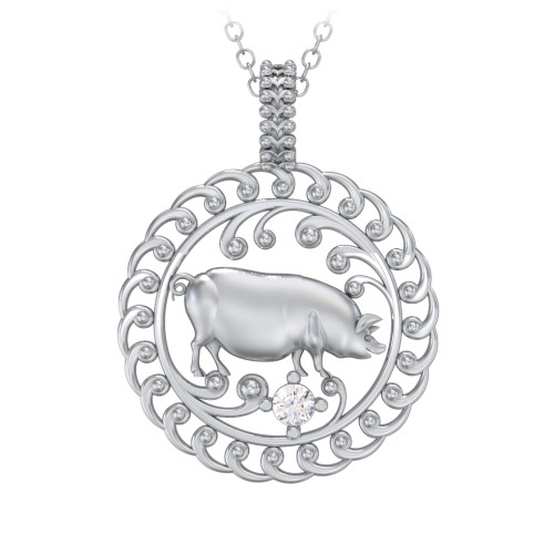 Year of the Pig Chinese Zodiac Medallion Necklace – Sterling Silver with Cubic Zirconia