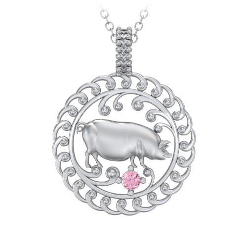 Year of the Pig Chinese Zodiac Medallion Necklace – Sterling Silver with Pink Tourmaline