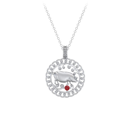 Year of the Pig Chinese Zodiac Medallion Necklace – Sterling Silver with Garnet