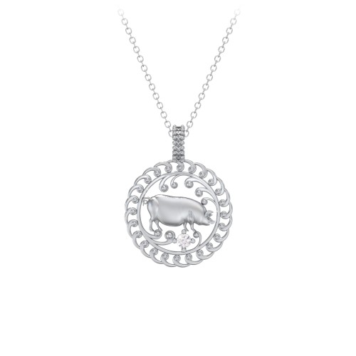 Year of the Pig Chinese Zodiac Medallion Necklace – Sterling Silver with Cubic Zirconia