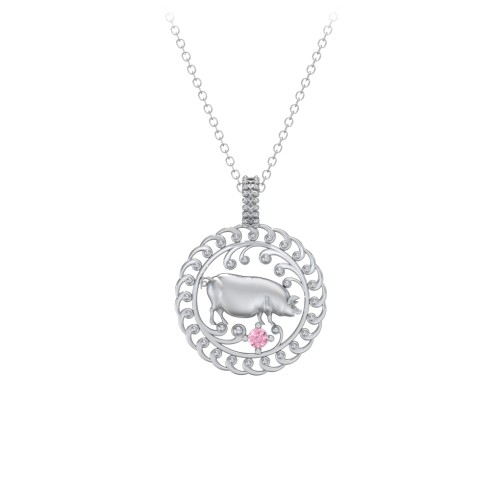 Year of the Pig Chinese Zodiac Medallion Necklace – Sterling Silver with Pink Tourmaline