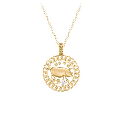 Year of the Pig Chinese Zodiac Medallion Necklace – 10K Yellow Gold with Cubic Zirconia