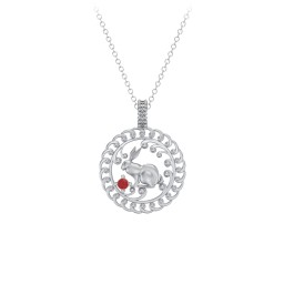 Year of the Rabbit Chinese Zodiac Medallion Necklace in 925 Sterling Silver with Garnet