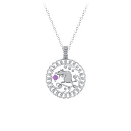 Year of the Rat Chinese Zodiac Medallion Necklace in 925 Sterling Silver with Amethyst