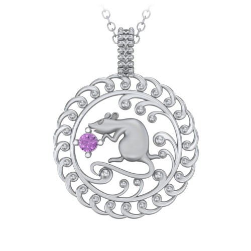Year of the Rat Chinese Zodiac Medallion Necklace – Sterling Silver with Amethyst