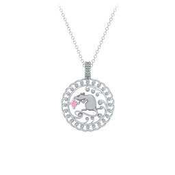 Year of the Rat Chinese Zodiac Medallion Necklace in 925 Sterling Silver with Pink Tourmaline