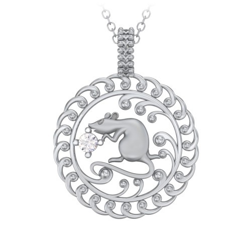 Year of the Rat Chinese Zodiac Medallion Necklace – Sterling Silver with Cubic Zirconia
