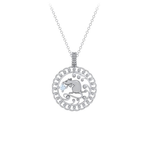 Year of the Rat Chinese Zodiac Medallion Necklace – Sterling Silver with Aquamarine