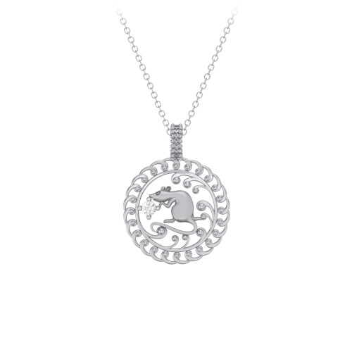 Year of the Rat Chinese Zodiac Medallion Necklace – Sterling Silver with Cubic Zirconia