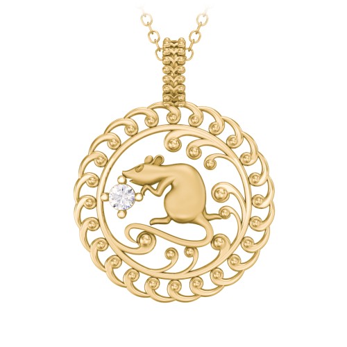 Year of the Rat Chinese Zodiac Medallion Necklace – 10K Yellow Gold with Cubic Zirconia