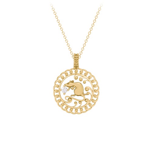Year of the Rat Chinese Zodiac Medallion Necklace – 10K Yellow Gold with Cubic Zirconia