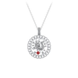 Year of the Rooster Chinese Zodiac Medallion Necklace in 925 Sterling Silver with Garnet
