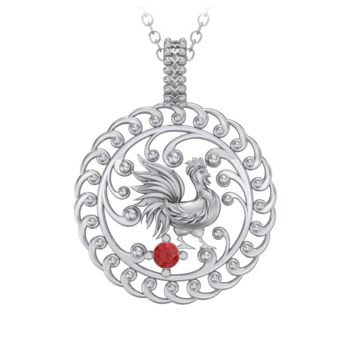Year of the Rooster Chinese Zodiac Medallion Necklace – Sterling Silver with Garnet