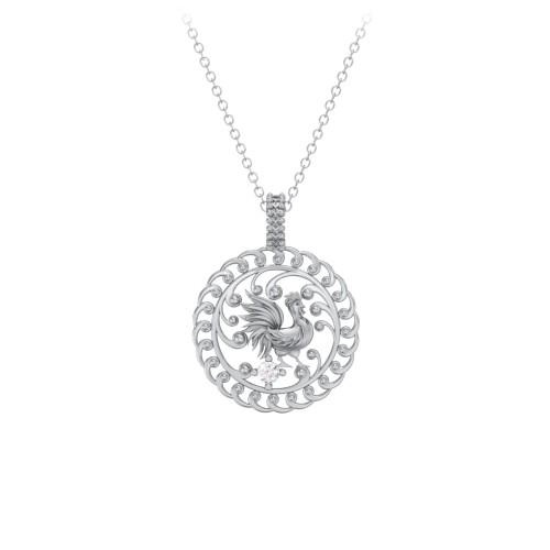 Year of the Rooster Chinese Zodiac Medallion Necklace – Sterling Silver with Cubic Zirconia