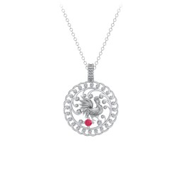 Year of the Rooster Chinese Zodiac Medallion Necklace in 925 Sterling Silver with Ruby
