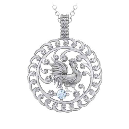 Year of the Rooster Chinese Zodiac Medallion Necklace – Sterling Silver with Aquamarine