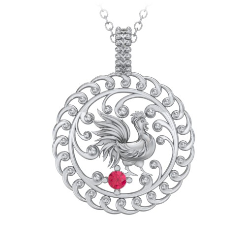 Year of the Rooster Chinese Zodiac Medallion Necklace – Sterling Silver with Ruby