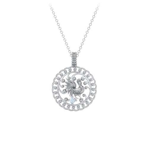 Year of the Rooster Chinese Zodiac Medallion Necklace – Sterling Silver with Aquamarine