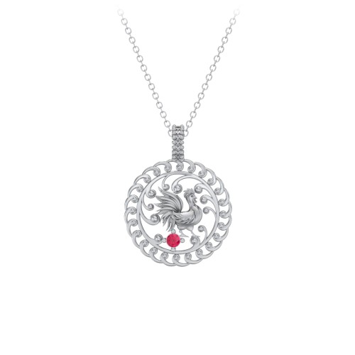 Year of the Rooster Chinese Zodiac Medallion Necklace – Sterling Silver with Ruby