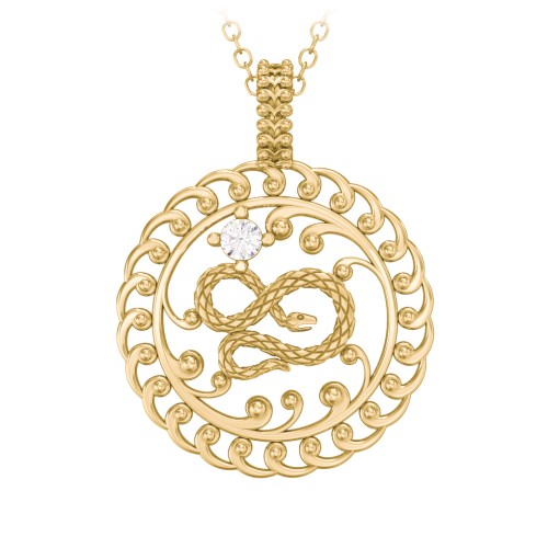 Year of the Snake Chinese Zodiac Medallion Necklace – 10K Yellow Gold with Cubic Zirconia