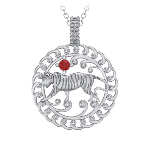 Year of the Tiger Chinese Zodiac Medallion Necklace – Sterling Silver with Garnet