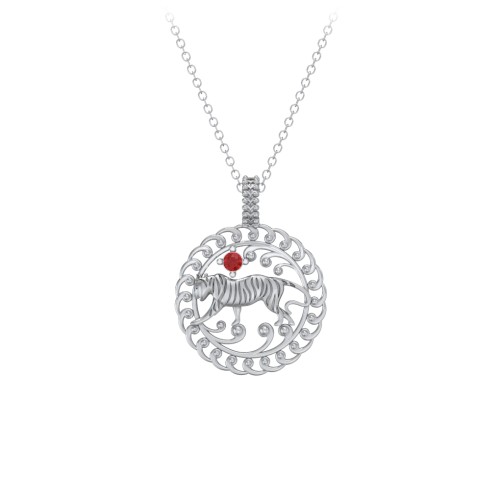 Year of the Tiger Chinese Zodiac Medallion Necklace – Sterling Silver with Garnet