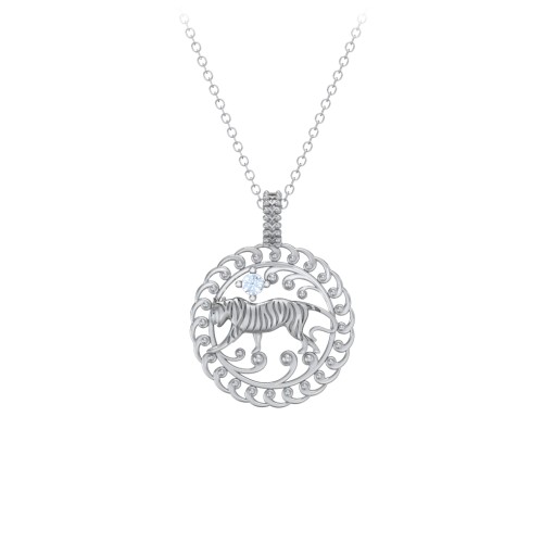 Year of the Tiger Chinese Zodiac Medallion Necklace – Sterling Silver with Aquamarine