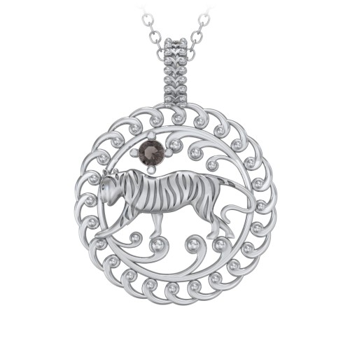 Year of the Tiger Chinese Zodiac Medallion Necklace – Sterling Silver with Smokey Quartz