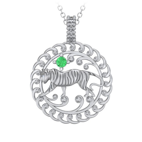 Year of the Tiger Chinese Zodiac Medallion Necklace – Sterling Silver with Emerald