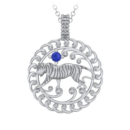 Year of the Tiger Chinese Zodiac Medallion Necklace – Sterling Silver with Blue Sapphire