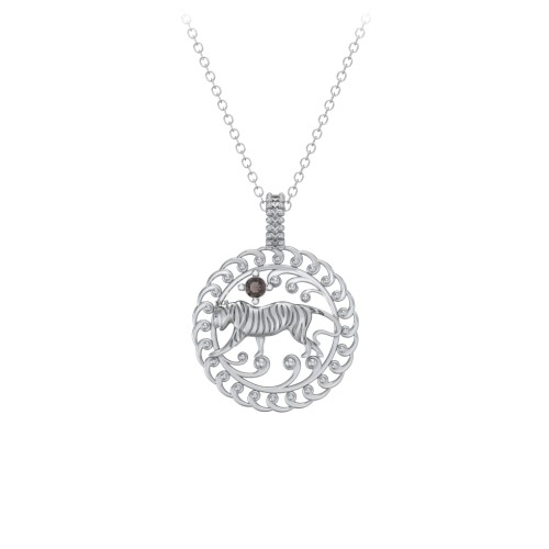 Year of the Tiger Chinese Zodiac Medallion Necklace – Sterling Silver with Smokey Quartz